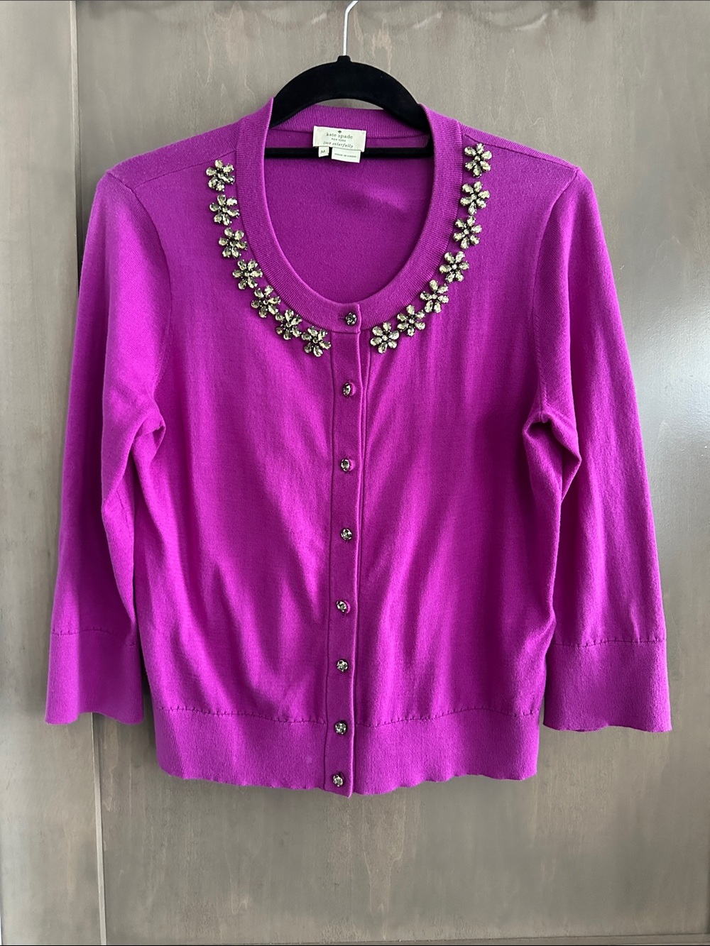 Kate Spade Leni Jewel Embellished 100% Cotton 3/4 Sleeve Purple Cardigan Size M - Picture 2 of 12